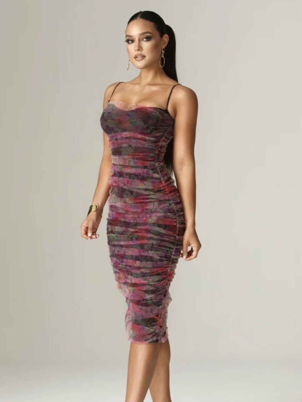 Alieva Floral Ruched Strapless Evening Dress in Pink